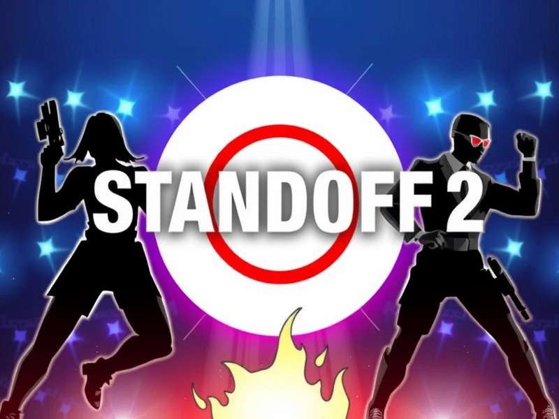 Standoff 2 game character holding a golden weapon with neon lights background
